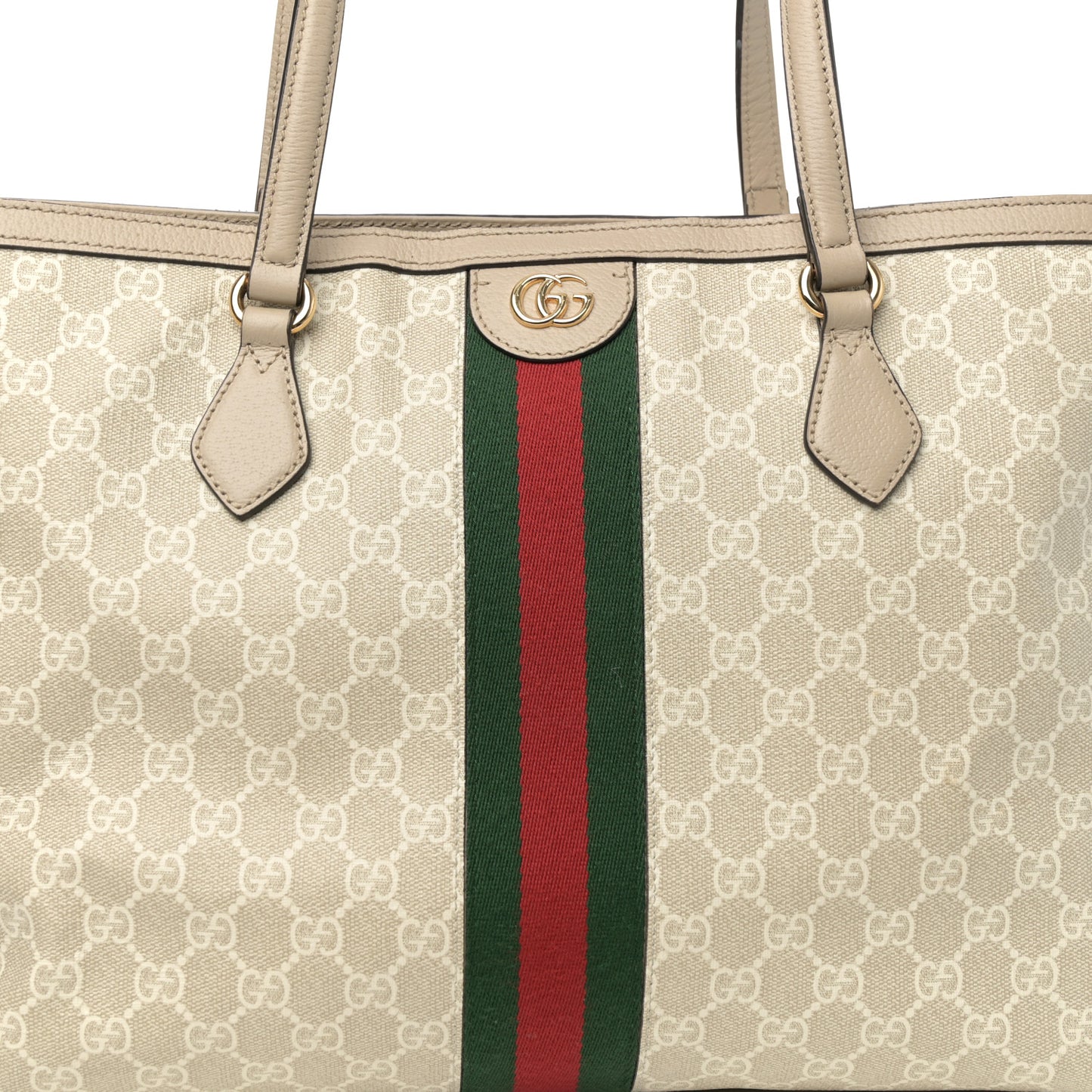 GG Supreme Monogram Textured Dollar Calfskin Web Large Ophidia Shopping Tote Beige Mystic White Oatmeal