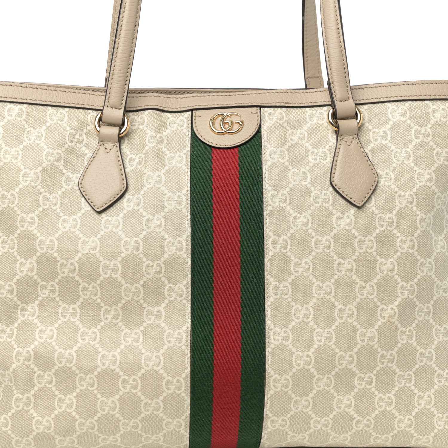 Gucci GG Supreme Monogram Textured Dollar Calfskin Web Large Ophidia Shopping Tote Beige Mystic White Oatmeal 8 of 13