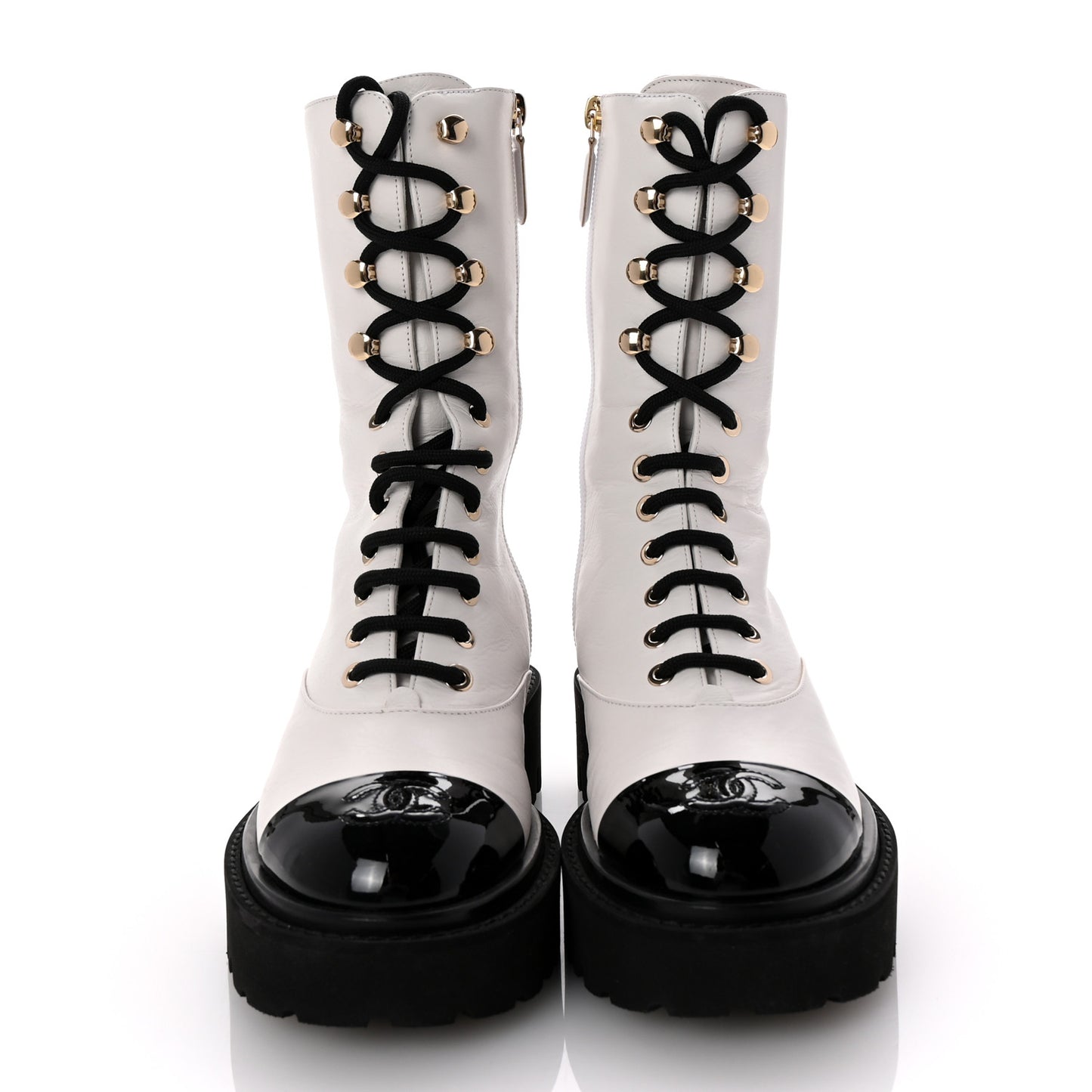Crumpled Calfskin Patent Cap Toe Lace Up Combat Boots 36 White Black