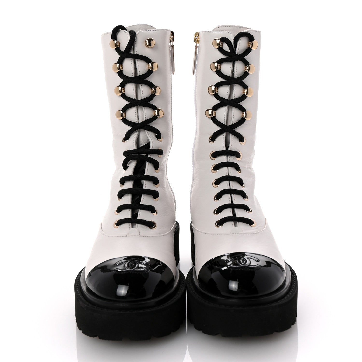 Chanel Crumpled Calfskin Patent Cap Toe Lace Up Combat Boots 36 White Black 3 of 9