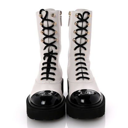 Chanel Crumpled Calfskin Patent Cap Toe Lace Up Combat Boots 36 White Black 3 of 9