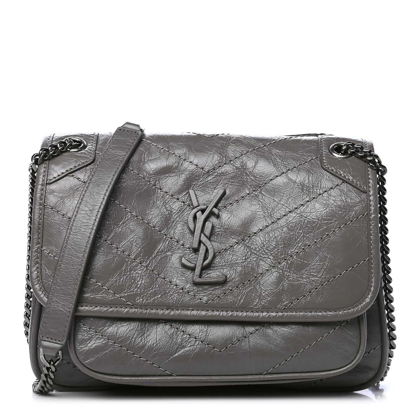 Crinkled Calfskin Matelasse Monogram Baby Niki Chain Satchel Storm