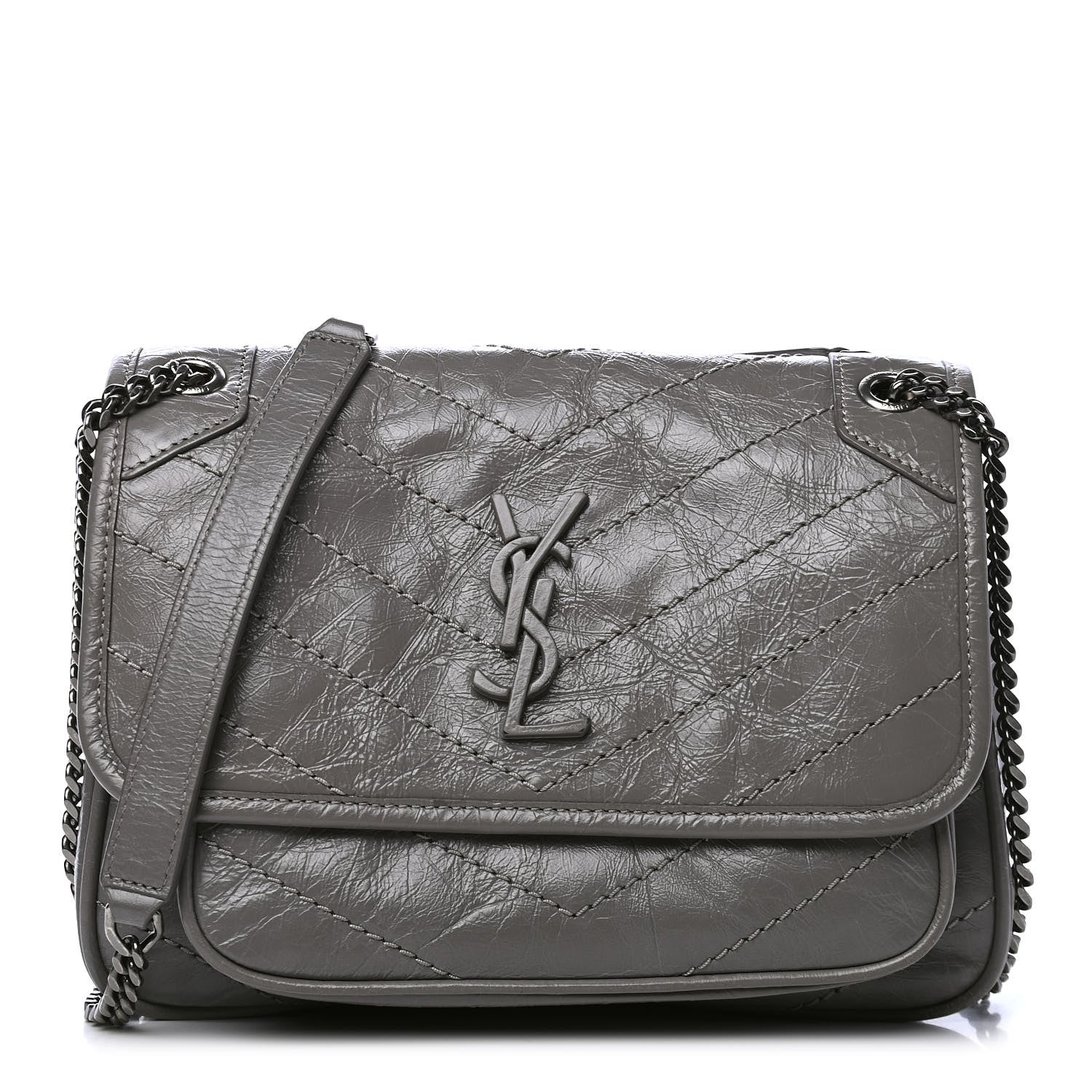 Saint Laurent Crinkled Calfskin Matelasse Monogram Baby Niki Chain Satchel Storm 1 of 5