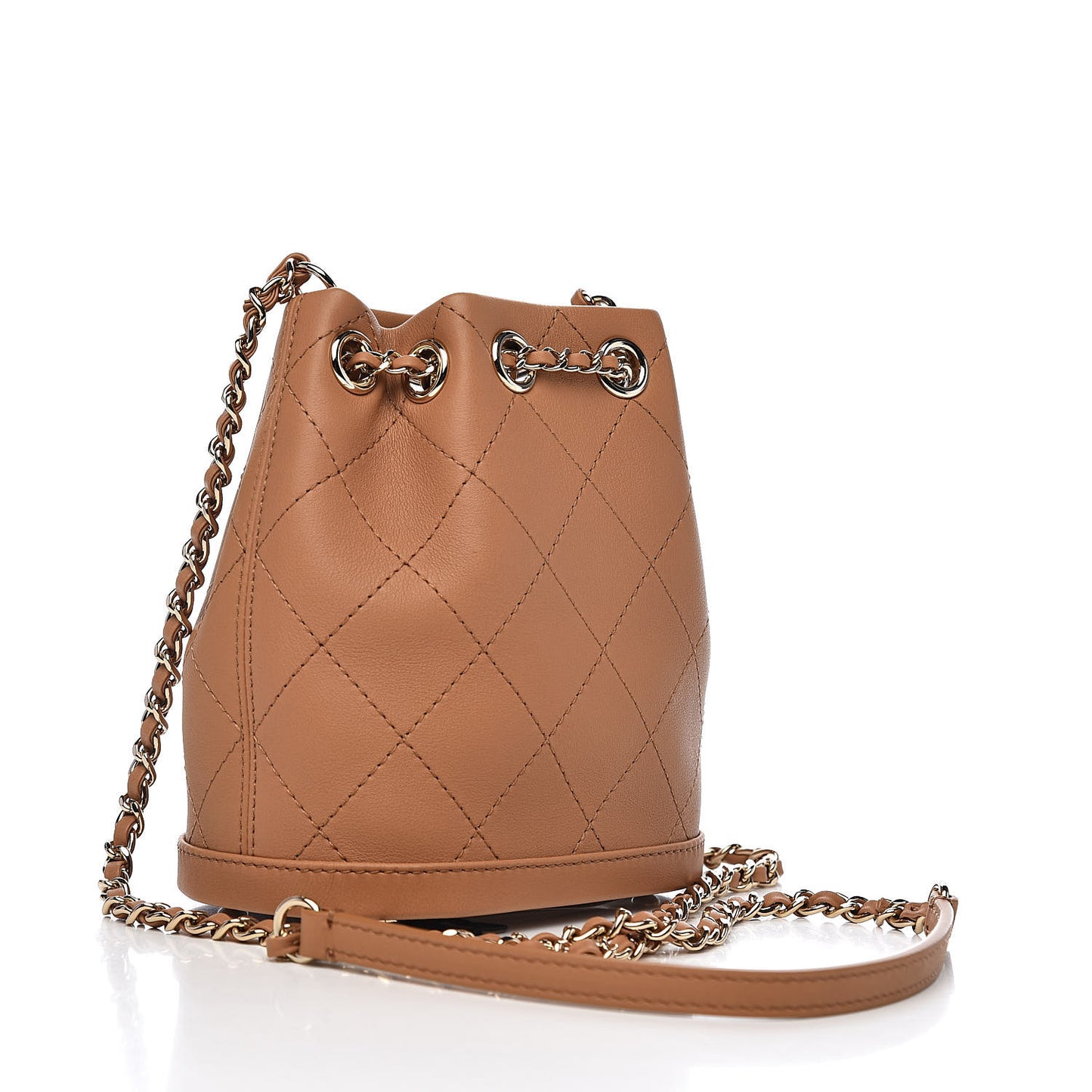 Calfskin Stitched Chain Bucket Bag Beige