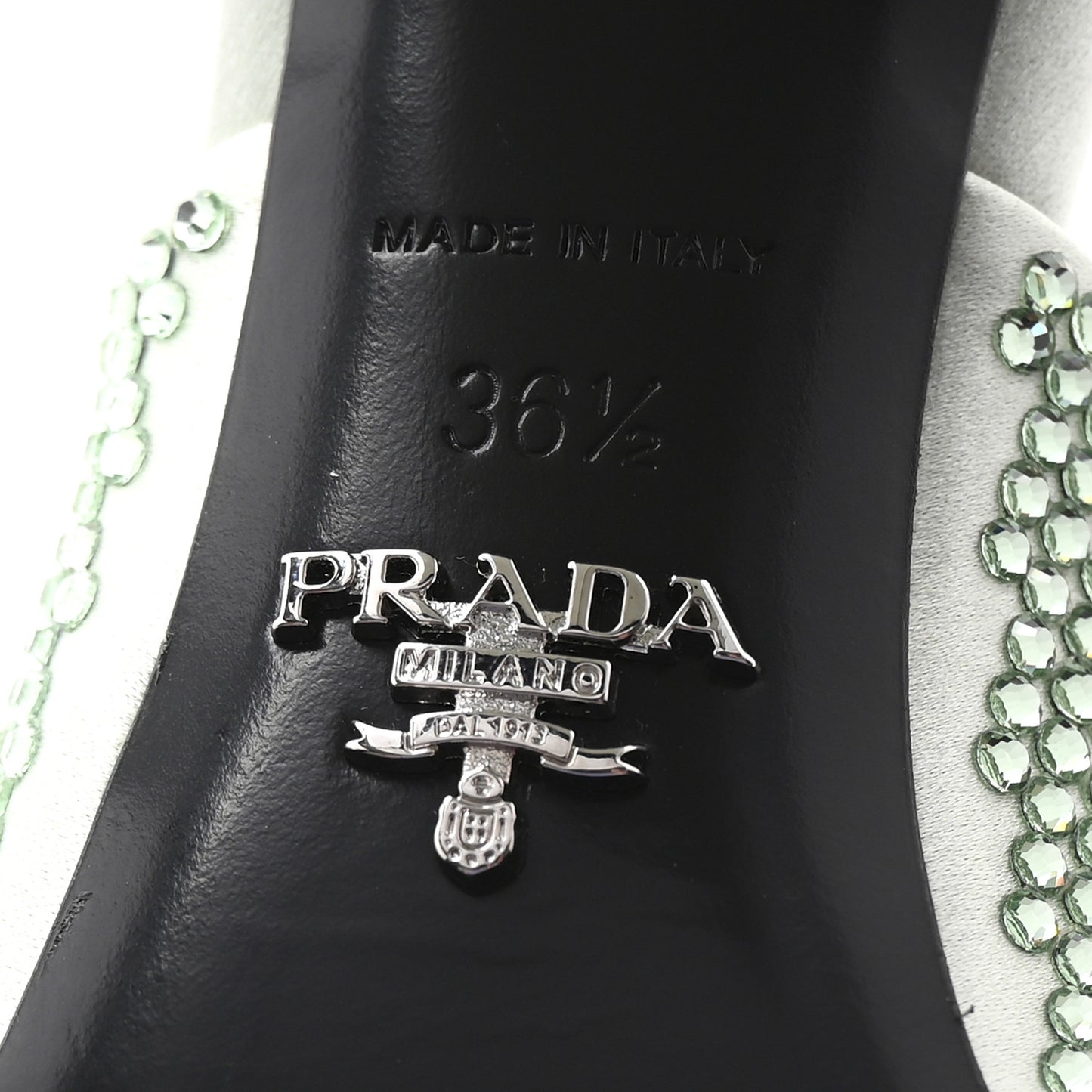 Satin Crystal Logo 90mm Slide Sandals 36.5 Acqua