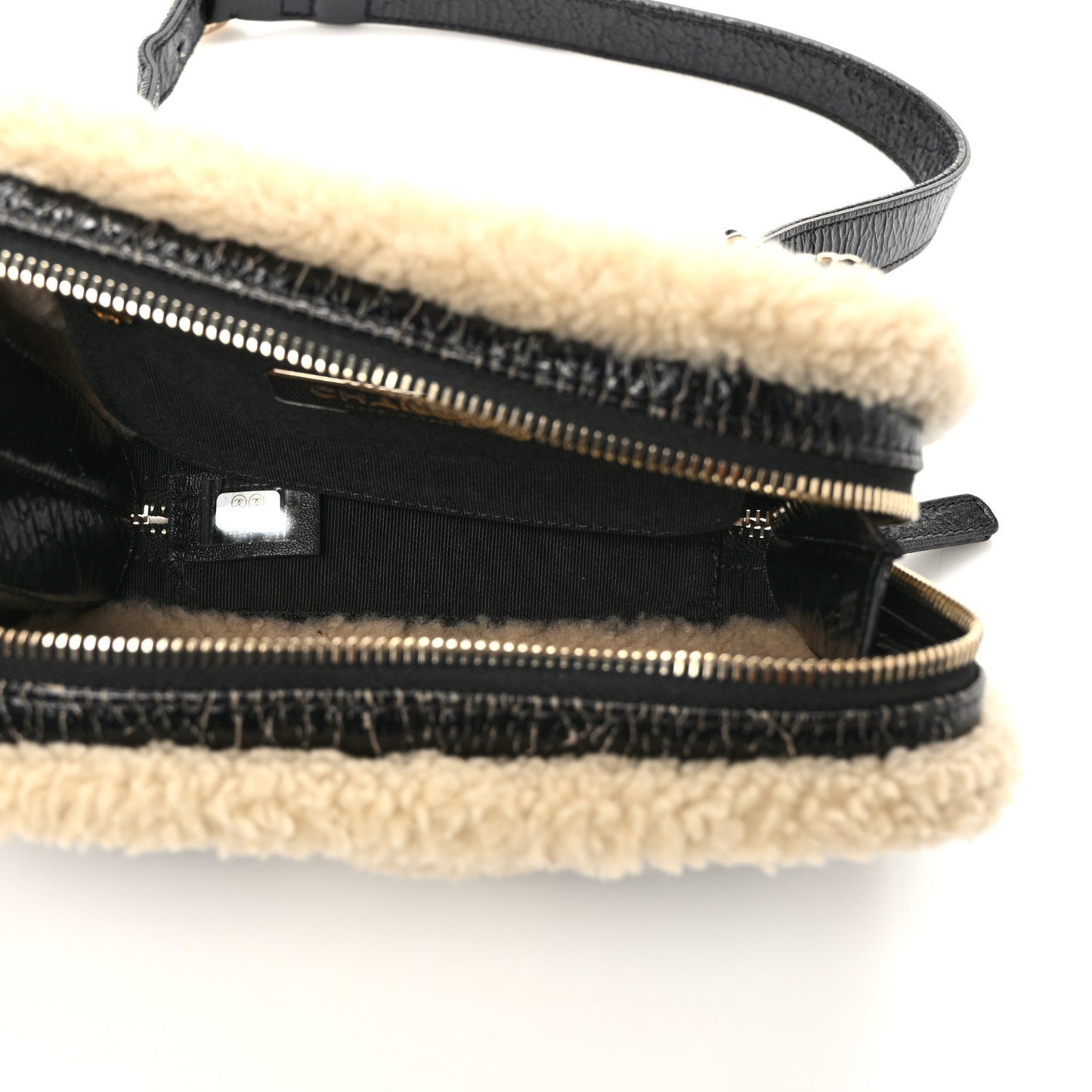 Shiny Crumpled Sheepskin Shearling Waist Bag Black Beige