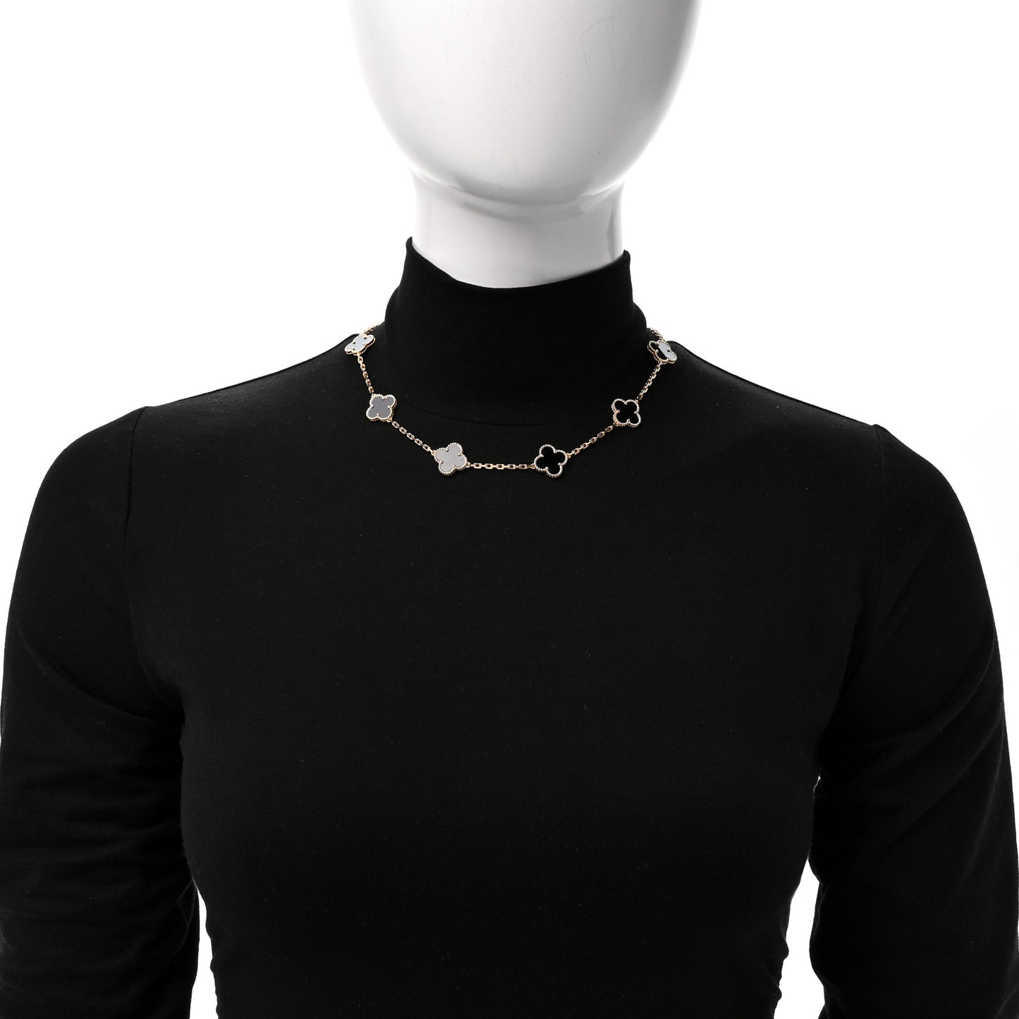 18K Yellow Gold Black Onyx 10 Motifs Vintage Alhambra Necklace
