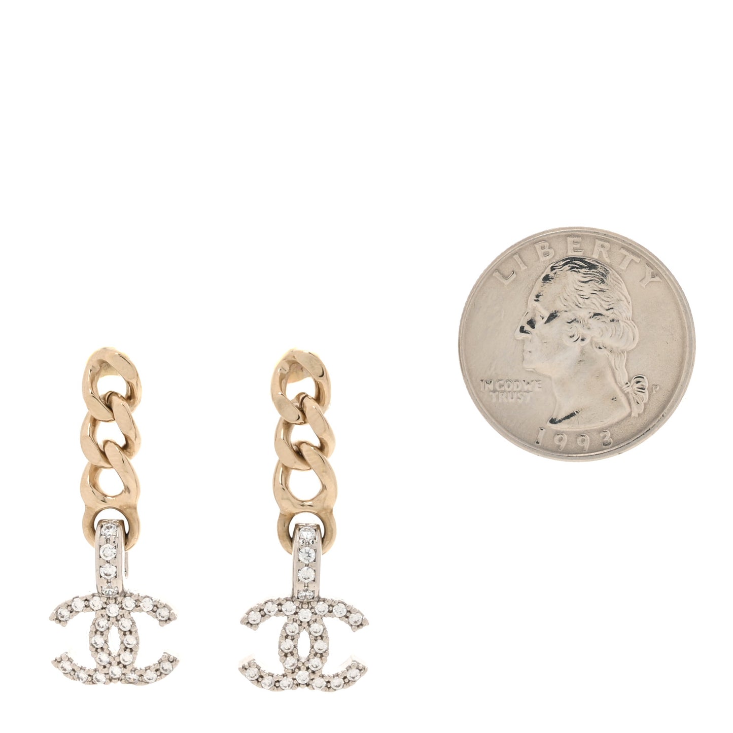 Metal Crystal CC Chain Drop Earrings Gold