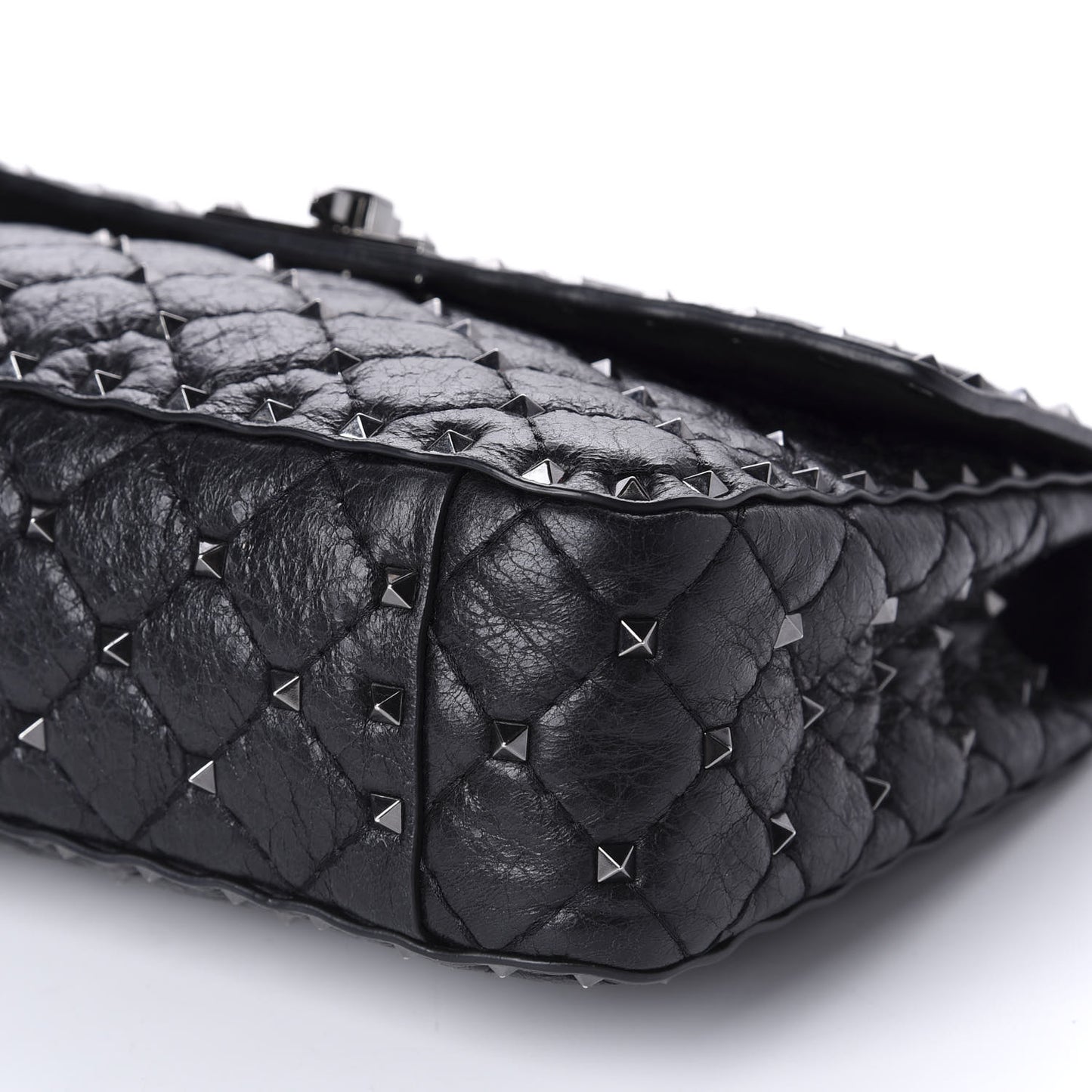 Craquele Nappa Medium Rockstud Spike Shoulder Bag Black
