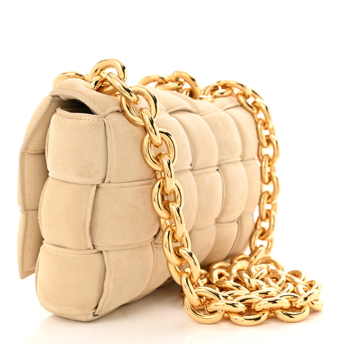Suede Maxi Intrecciato Padded Chain Cassette Crossbody Bag Sand