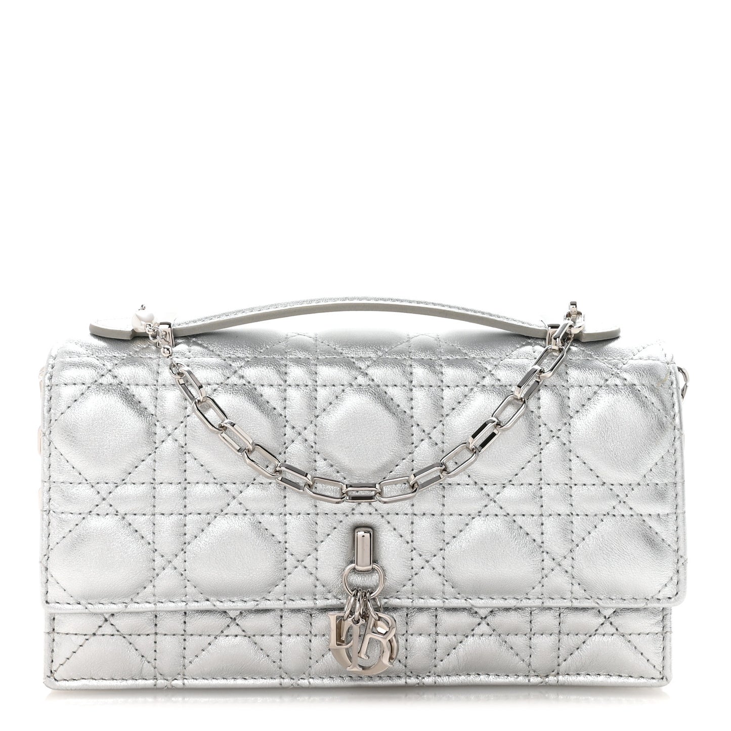 Metallic Lambskin Cannage Mini My Dior Top Handle Clutch Silver