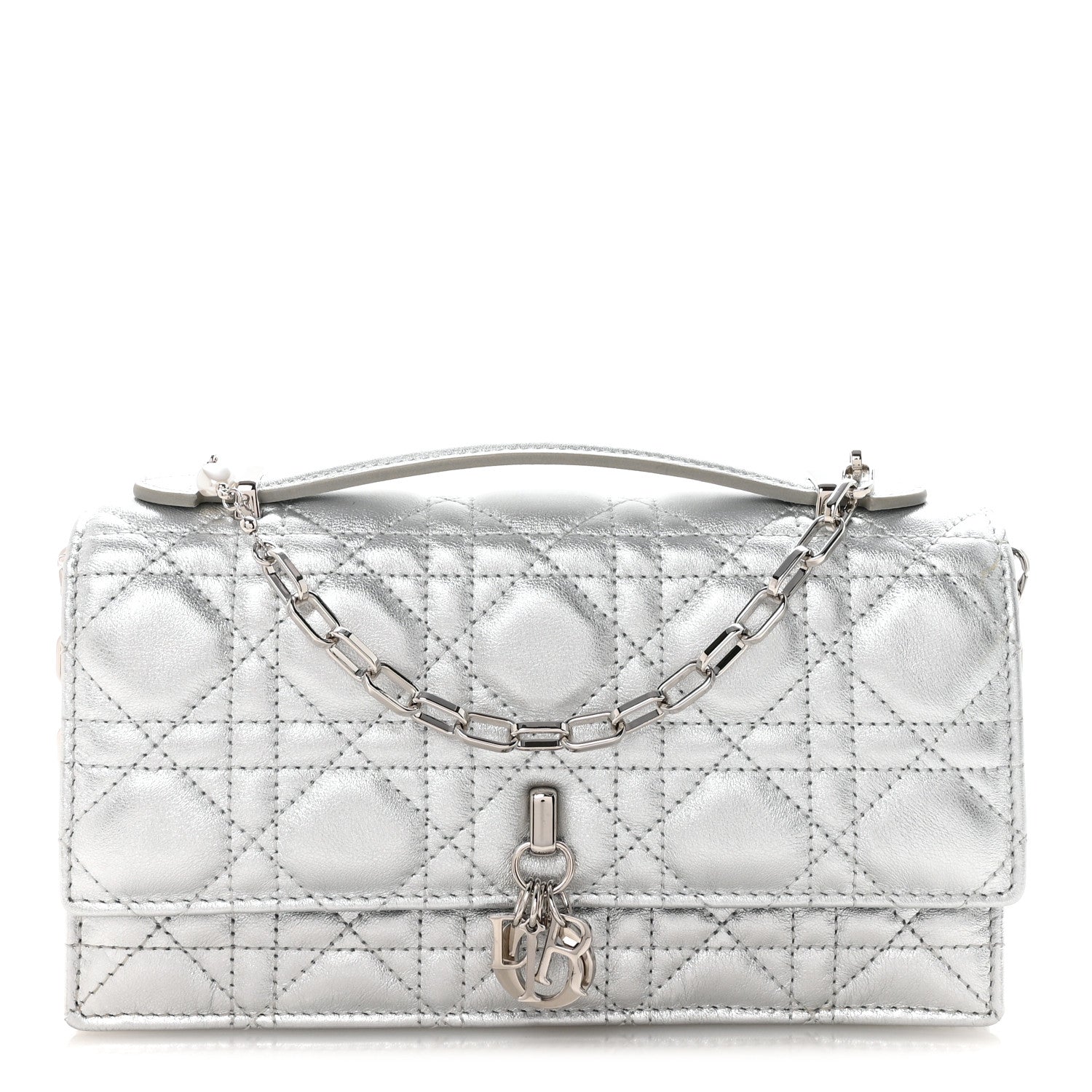 Christian Dior Metallic Lambskin Cannage Mini My Dior Top Handle Clutch Silver 1 of 10