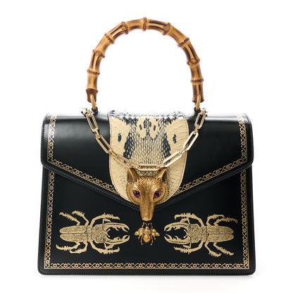 Gucci Glossy Calfskin Snakeskin Beetle Print Large Fox Broche Bamboo Top Handle Bag Black 1 of 11