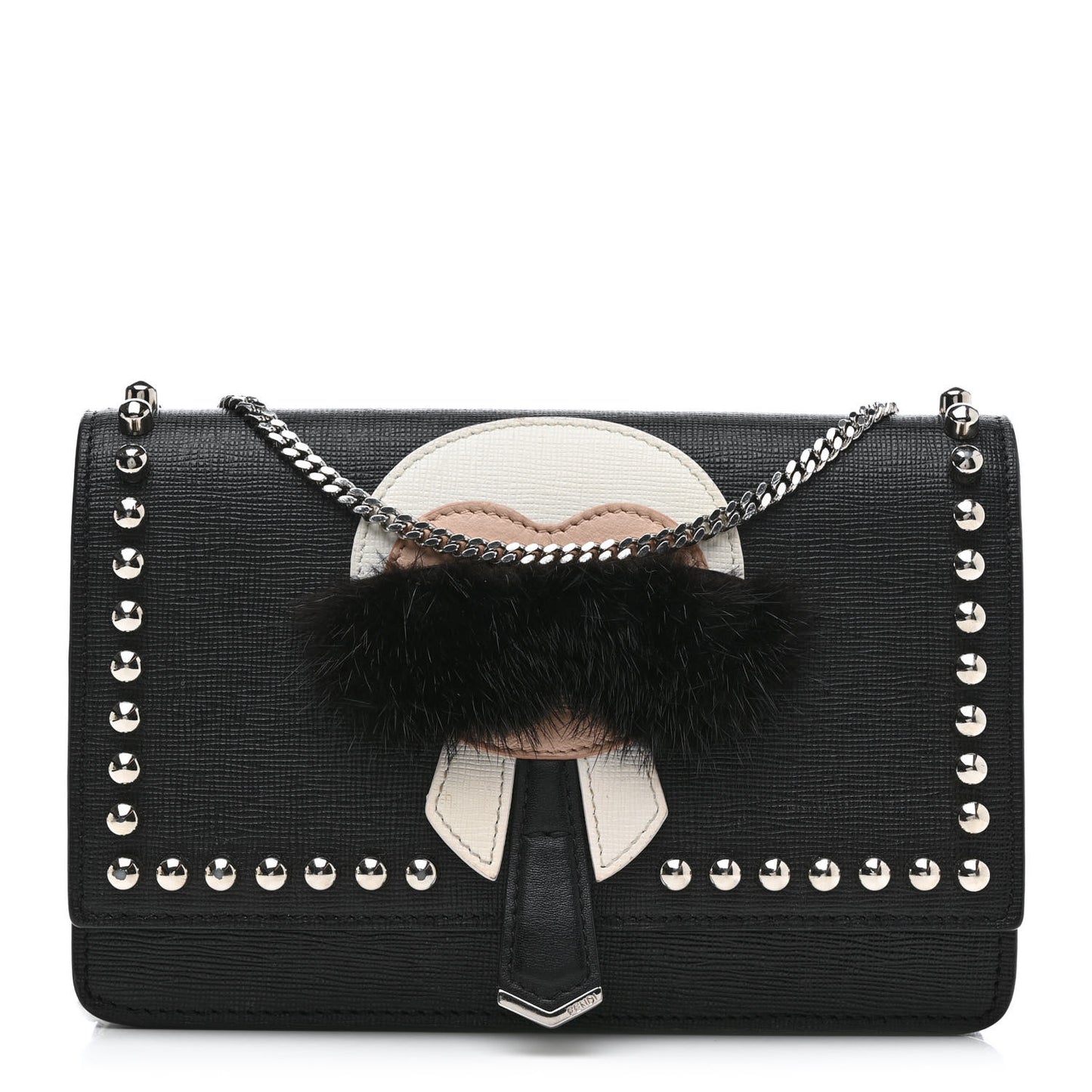 Vitello Elite Mink Fur Studded Karlito Tube Wallet on Chain Black