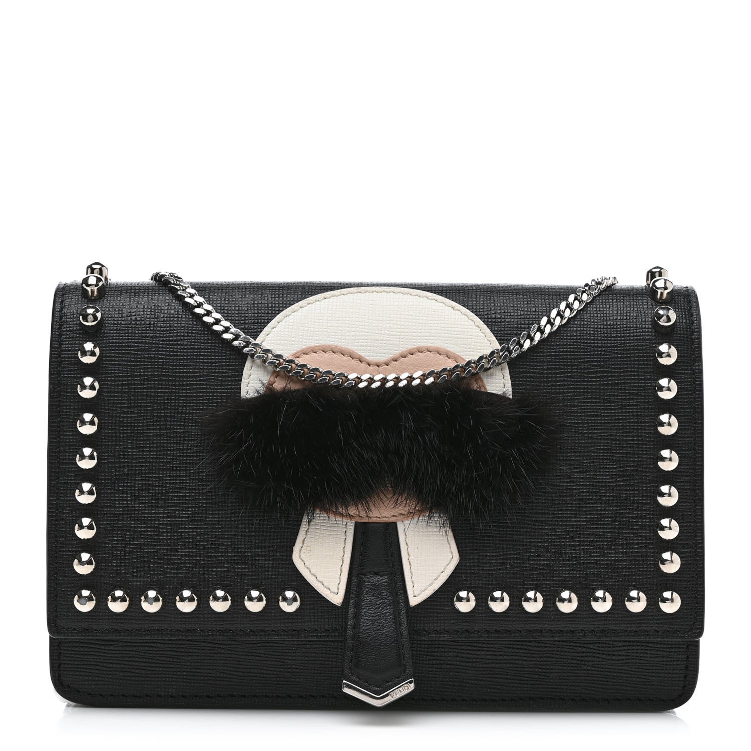 Fendi Vitello Elite Mink Fur Studded Karlito Tube Wallet on Chain Black 1 of 14