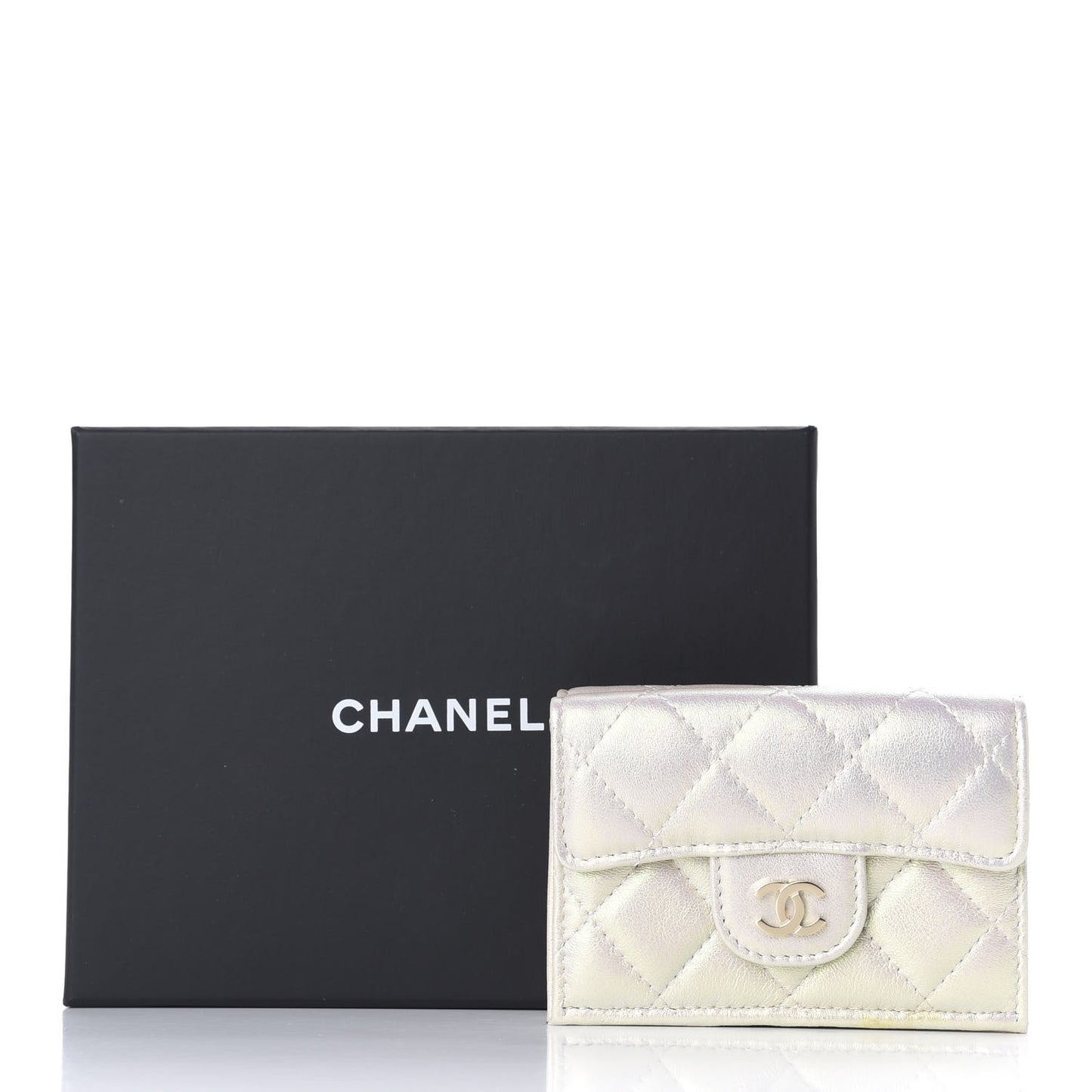 Iridescent Lambskin Quilted Double Flap Wallet Ivory
