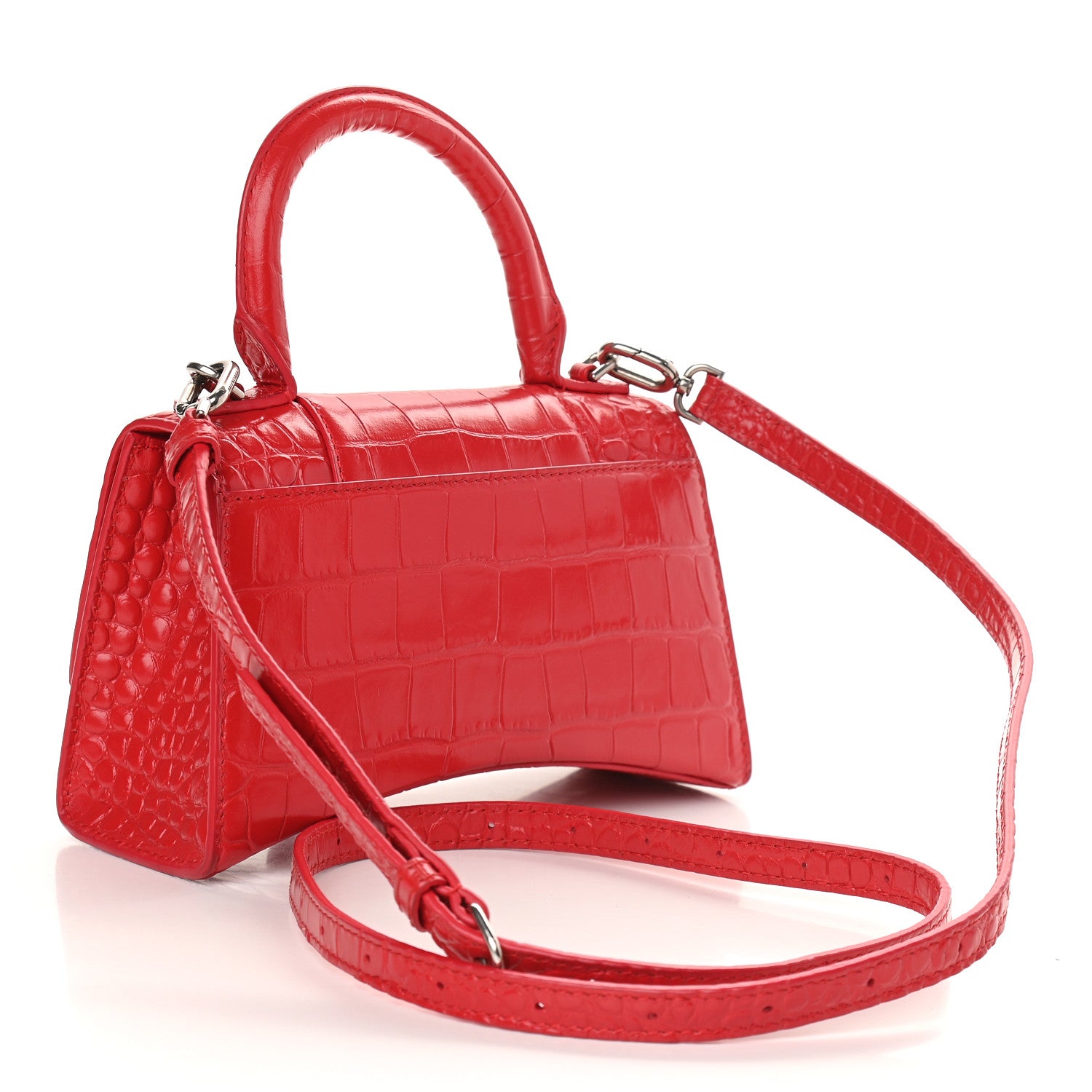 Balenciaga Shiny Calfskin Tonal B Crocodile Embossed Hourglass Top Handle Bag XS Bright Red 3 of 8