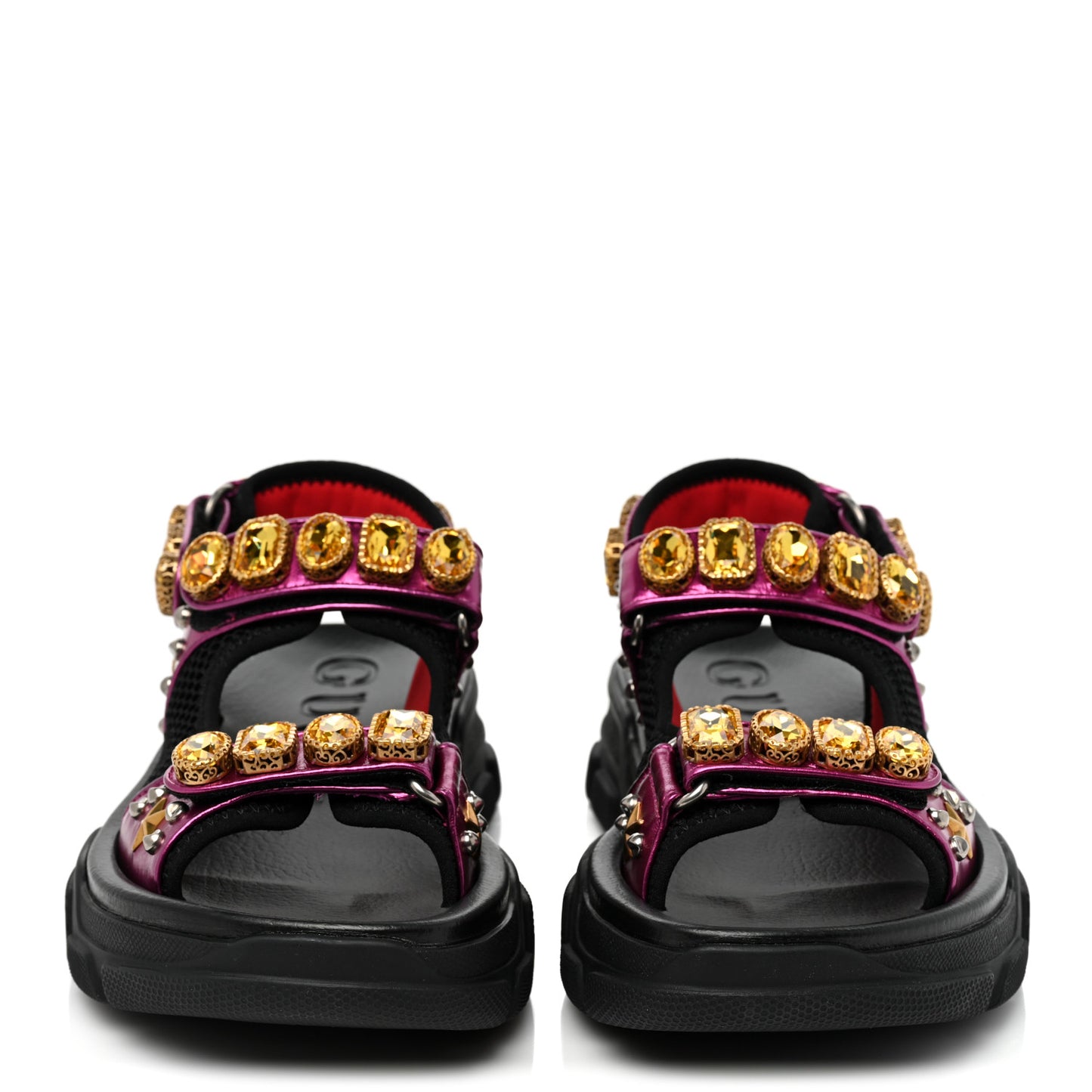Nappa Mesh Crystal Embellished Studded Womens Aguru Sandals 36.5 Pink Black
