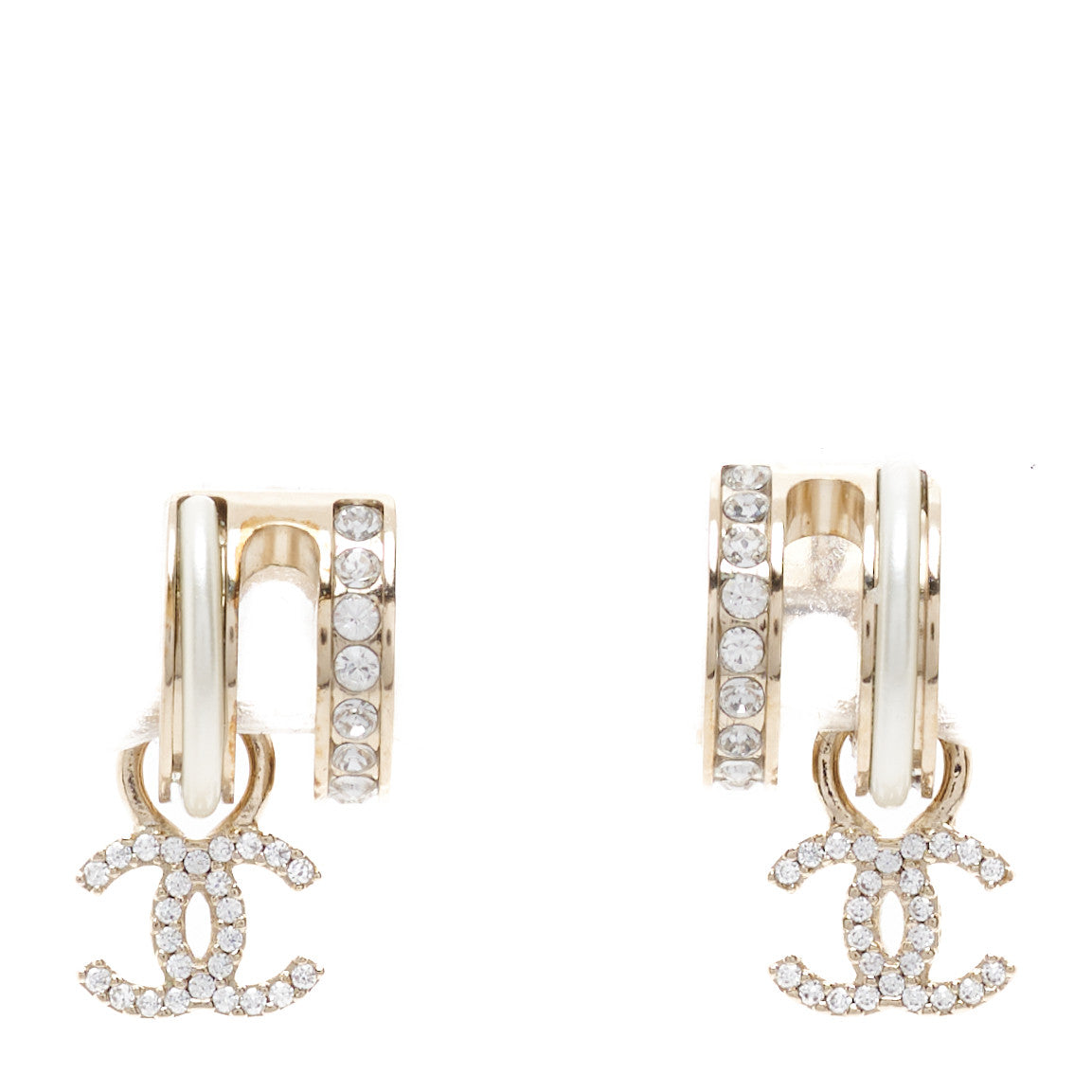 Crystal CC Hoop Drop Earrings Gold Pearly White