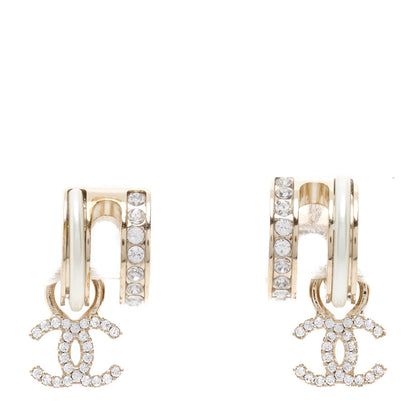 Chanel Crystal CC Hoop Drop Earrings Gold Pearly White 1 of 5