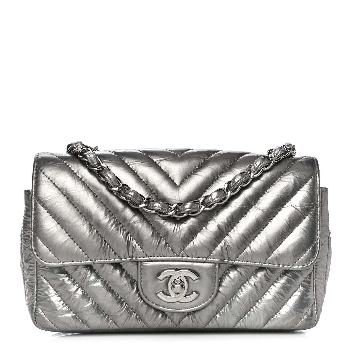Patent Metallic Crumpled Calfskin Chevron Quilted Mini Rectangular Flap Silver