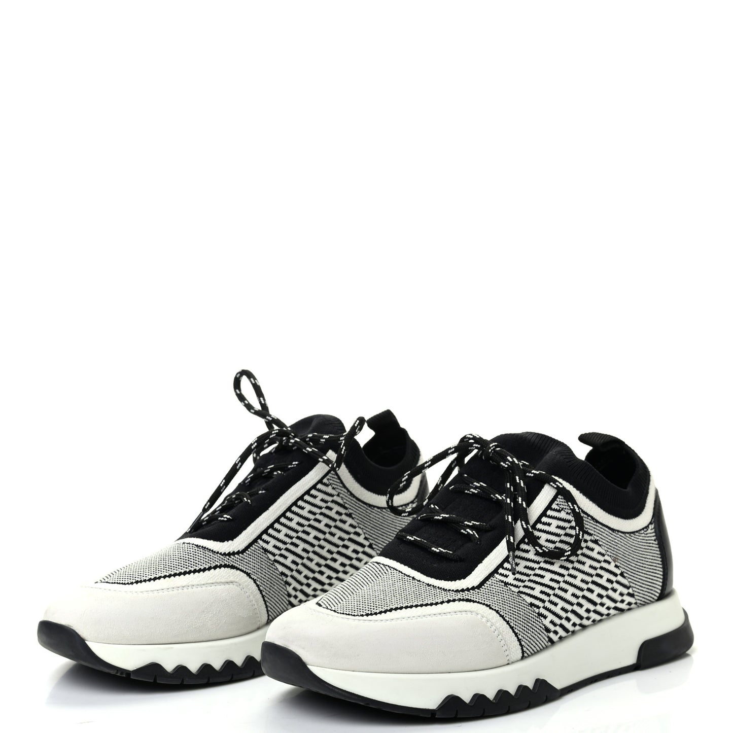 Knit Calfskin Suede Goatskin Bi-Color Womens Addict Sneakers 37.5 Black White