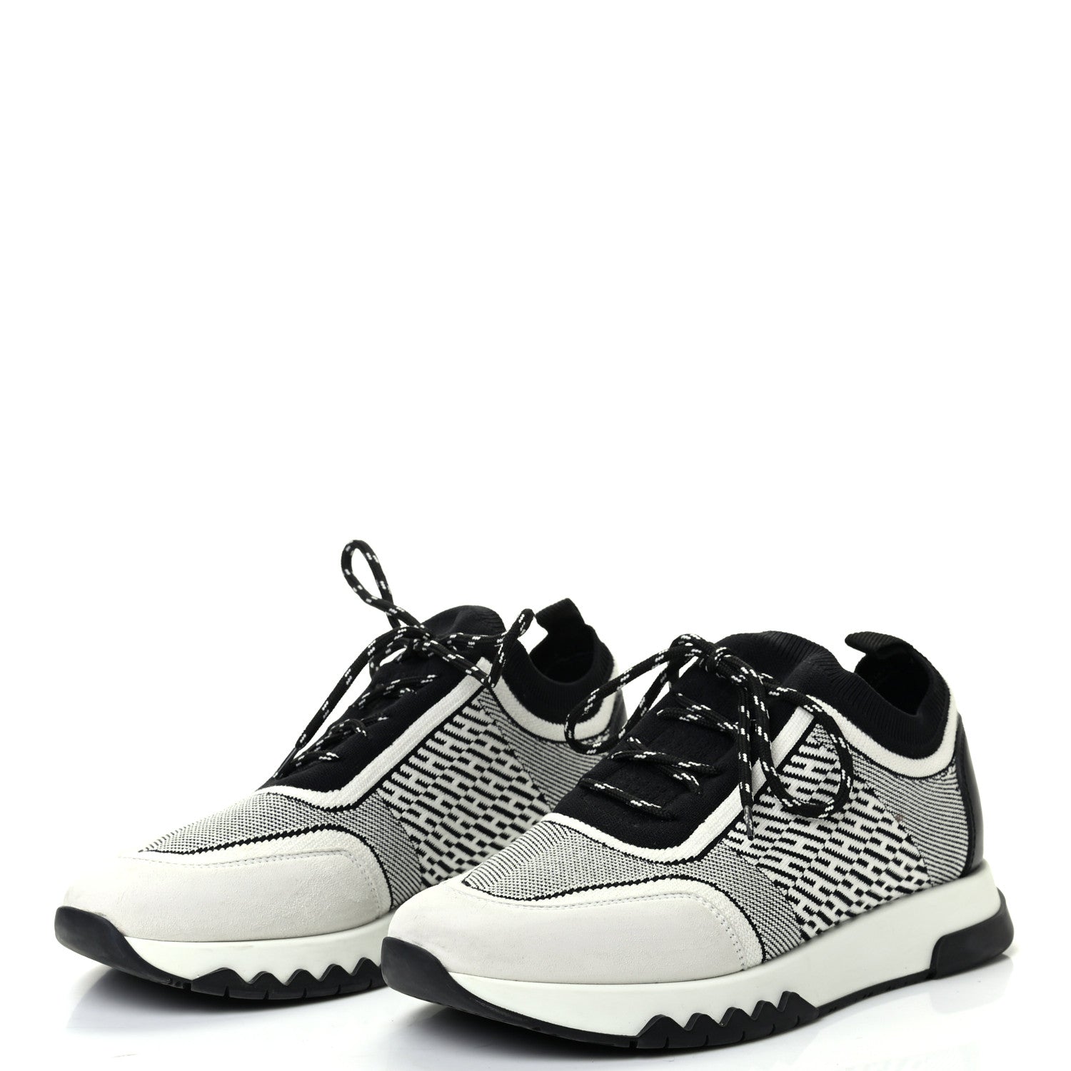 Hermes Knit Calfskin Suede Goatskin Bi-Color Womens Addict Sneakers 37.5 Black White 3 of 8