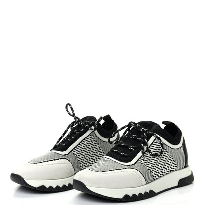 Hermes Knit Calfskin Suede Goatskin Bi-Color Womens Addict Sneakers 37.5 Black White 3 of 8