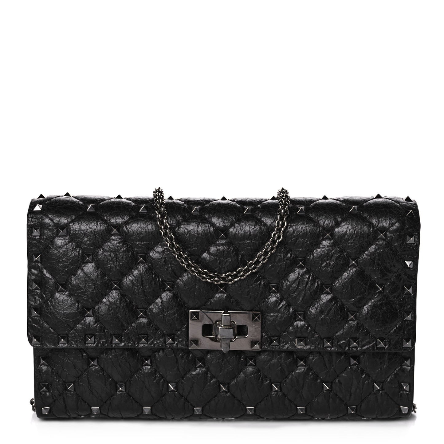 Craquele Nappa Rockstud Spike Wallet on Chain Black