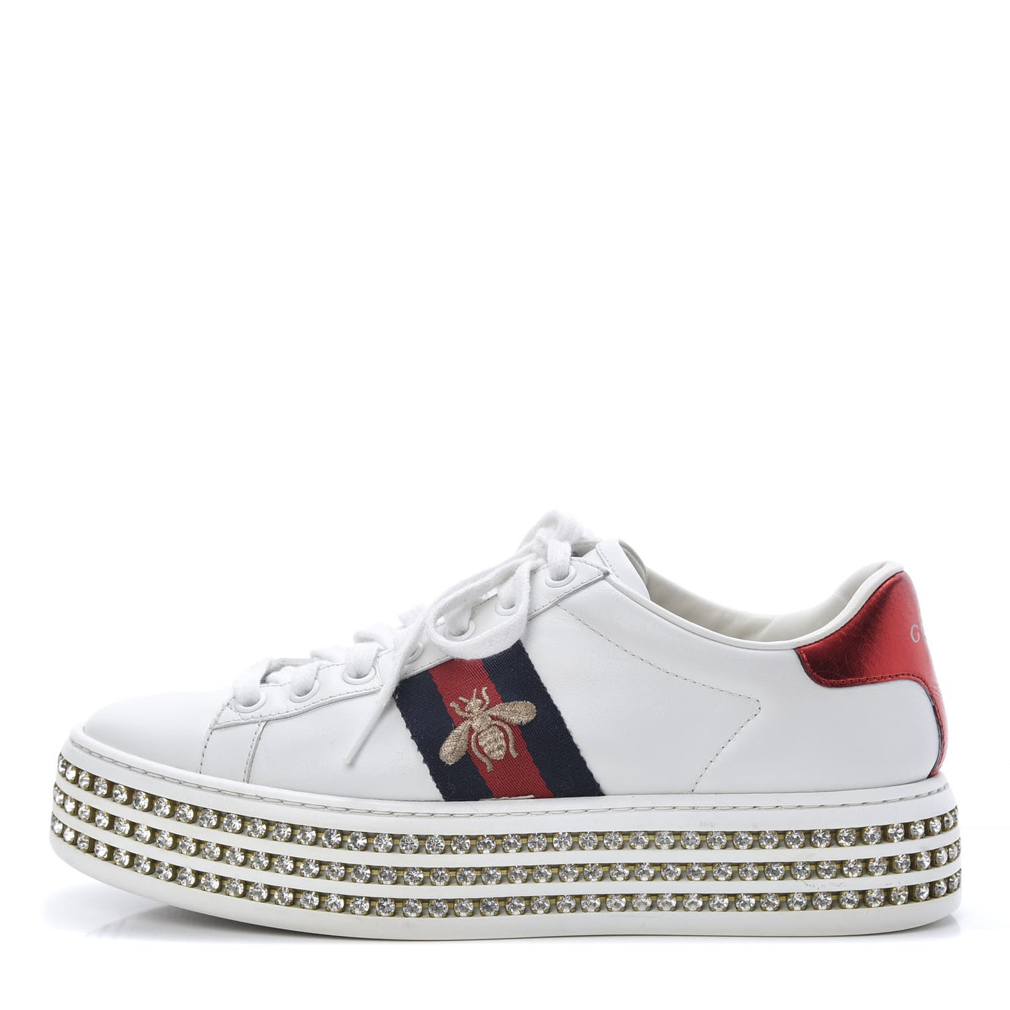 Calfskin Crystal Web Bee Embroidered Womens Ace Platform Sneakers 35.5 White
