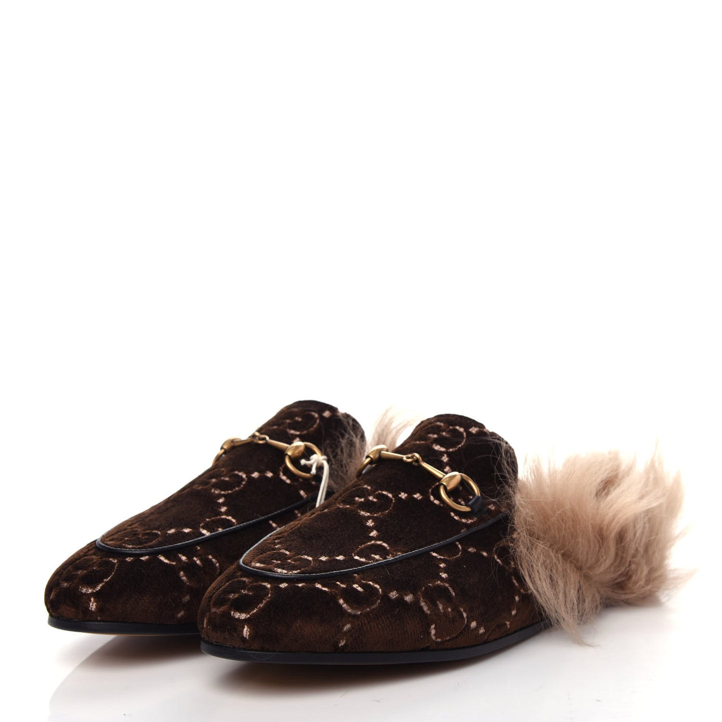 Velvet GG Monogram Fur Womens Princetown Slippers 39 Brown Black Natural