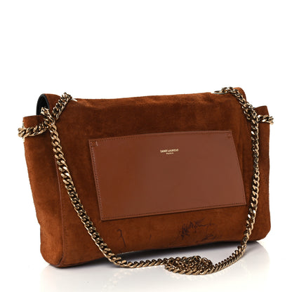 Saint Laurent Calfskin Crocodile Embossed Suede Medium Reversible Monogram Kate Satchel Military Taupe 5 of 17