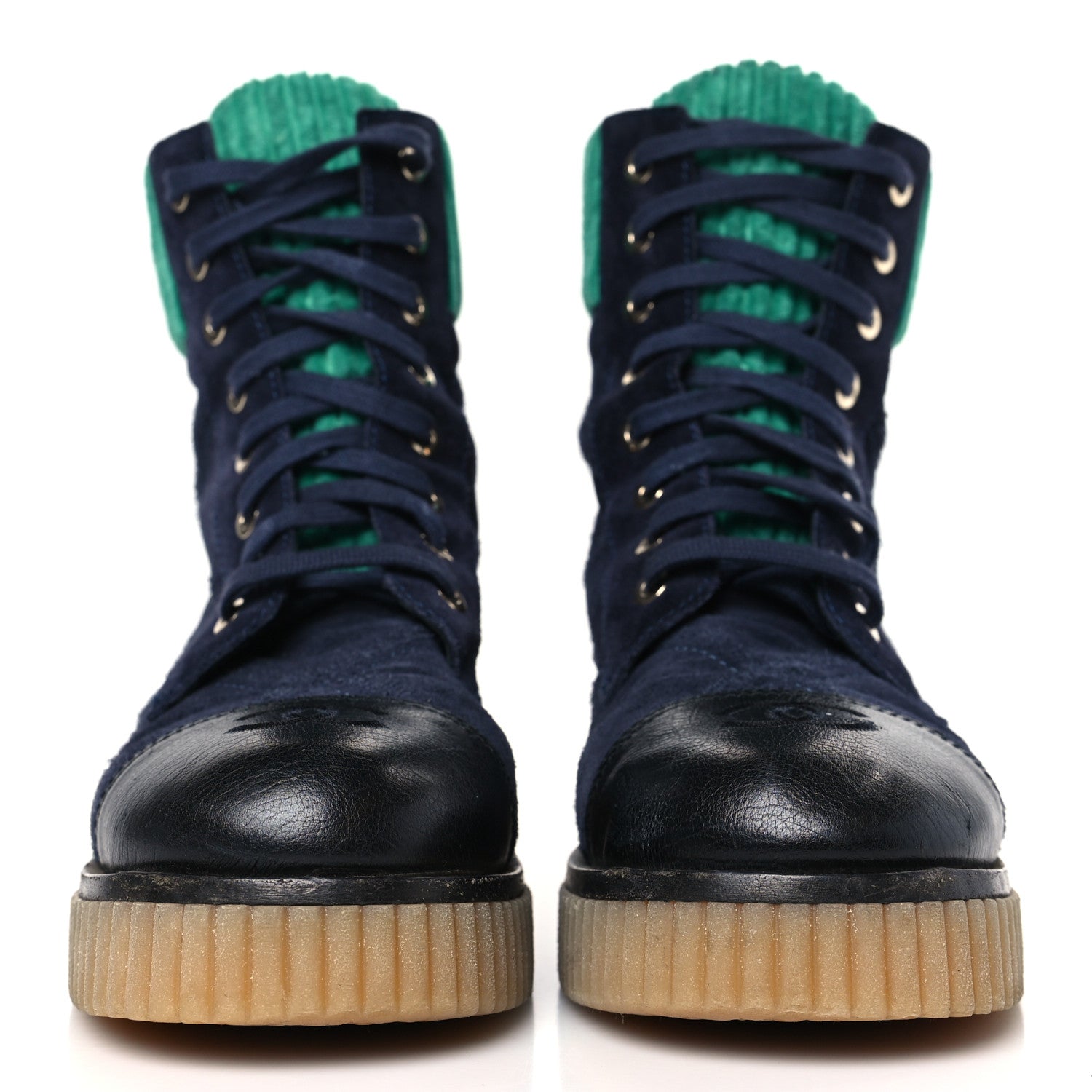 Chanel Suede Calfskin Velvet Quilted CC Combat Boots 36 Navy Green Black 2 of 8
