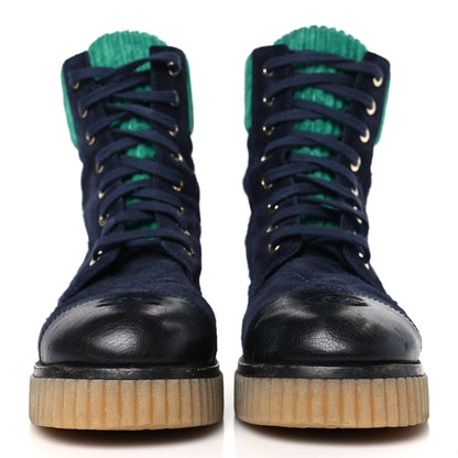 Chanel Suede Calfskin Velvet Quilted CC Combat Boots 36 Navy Green Black 2 of 8