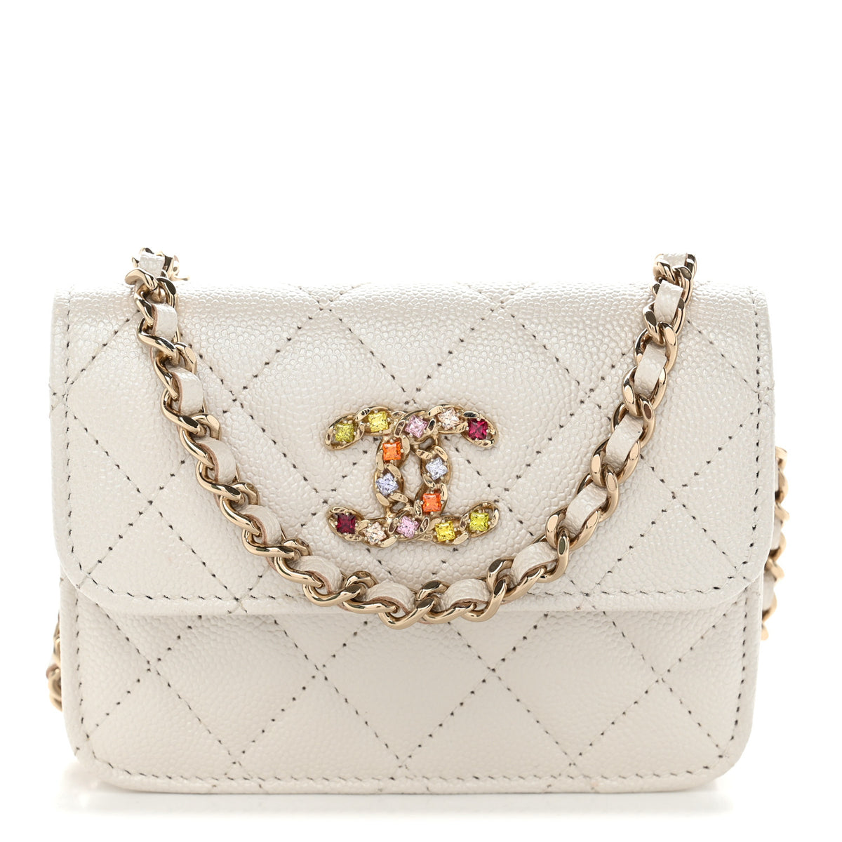 Chanel Iridescent Caviar Quilted Crystal CC Card Holder With Chain White Multicolor 1 of 11