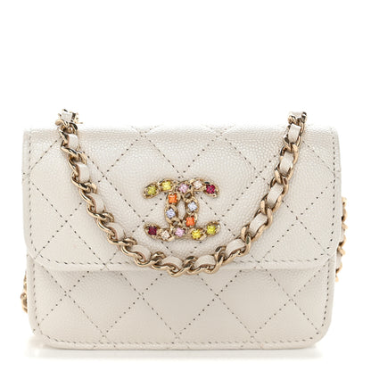 Chanel Iridescent Caviar Quilted Crystal CC Card Holder With Chain White Multicolor 1 of 11