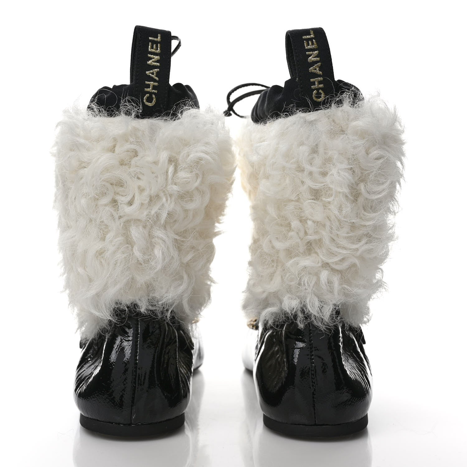 Chanel Patent Shearling Chain Boots 37.5 Black White 5 of 8