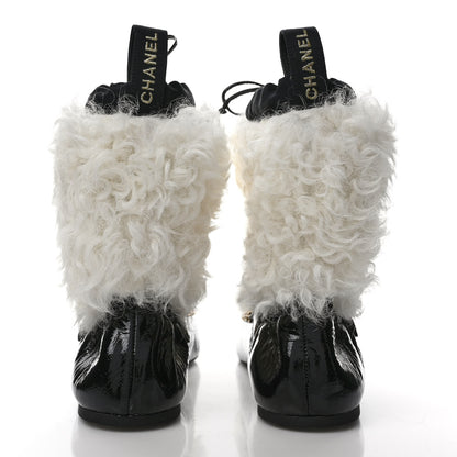 Chanel Patent Shearling Chain Boots 37.5 Black White 5 of 8