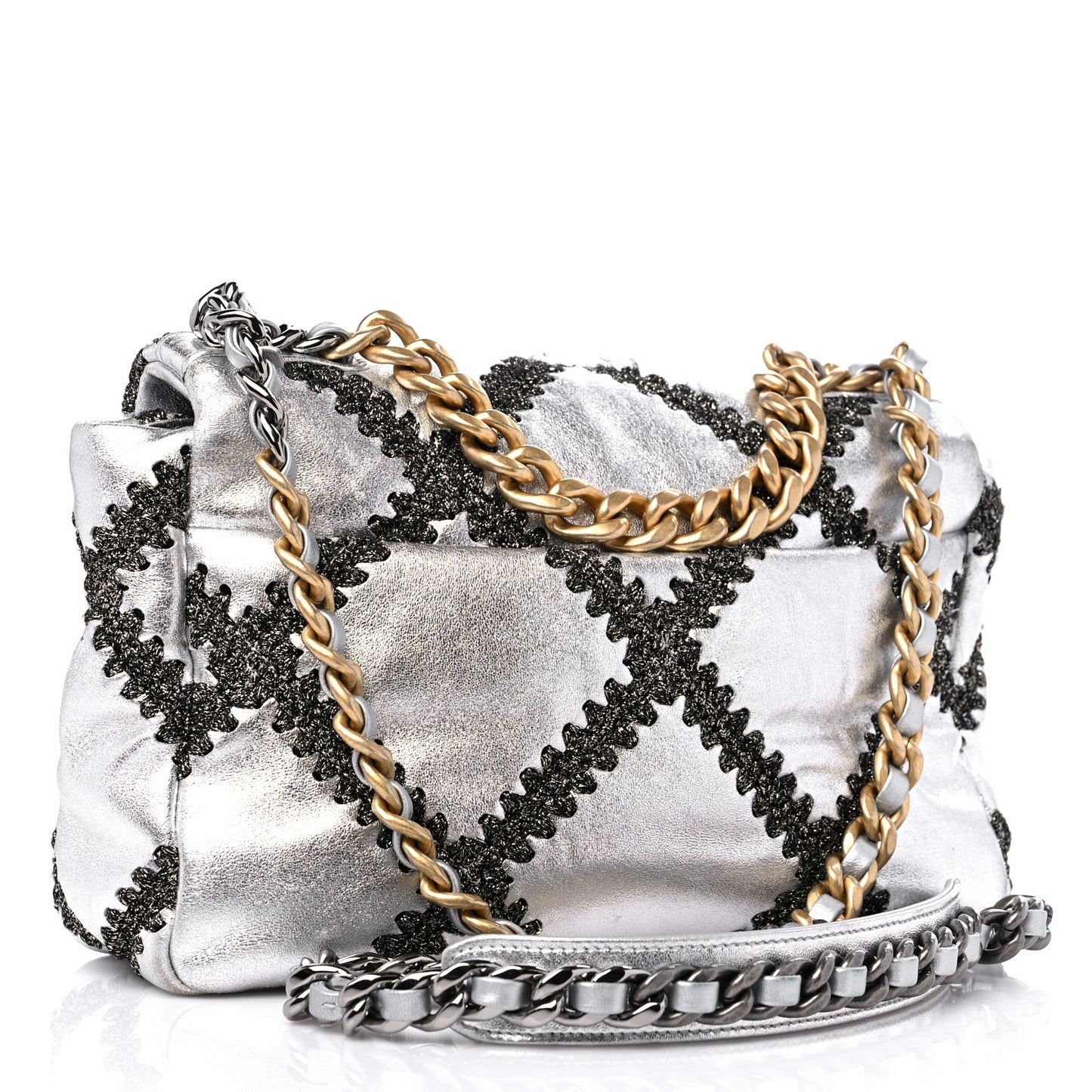 Metallic Calfskin Crochet Medium Chanel 19 Flap Silver