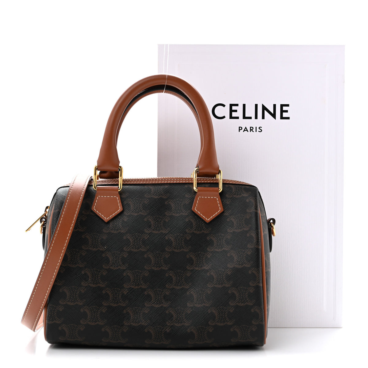 Celine Triomphe Canvas Calfskin Small Boston Bag Tan 12 of 12
