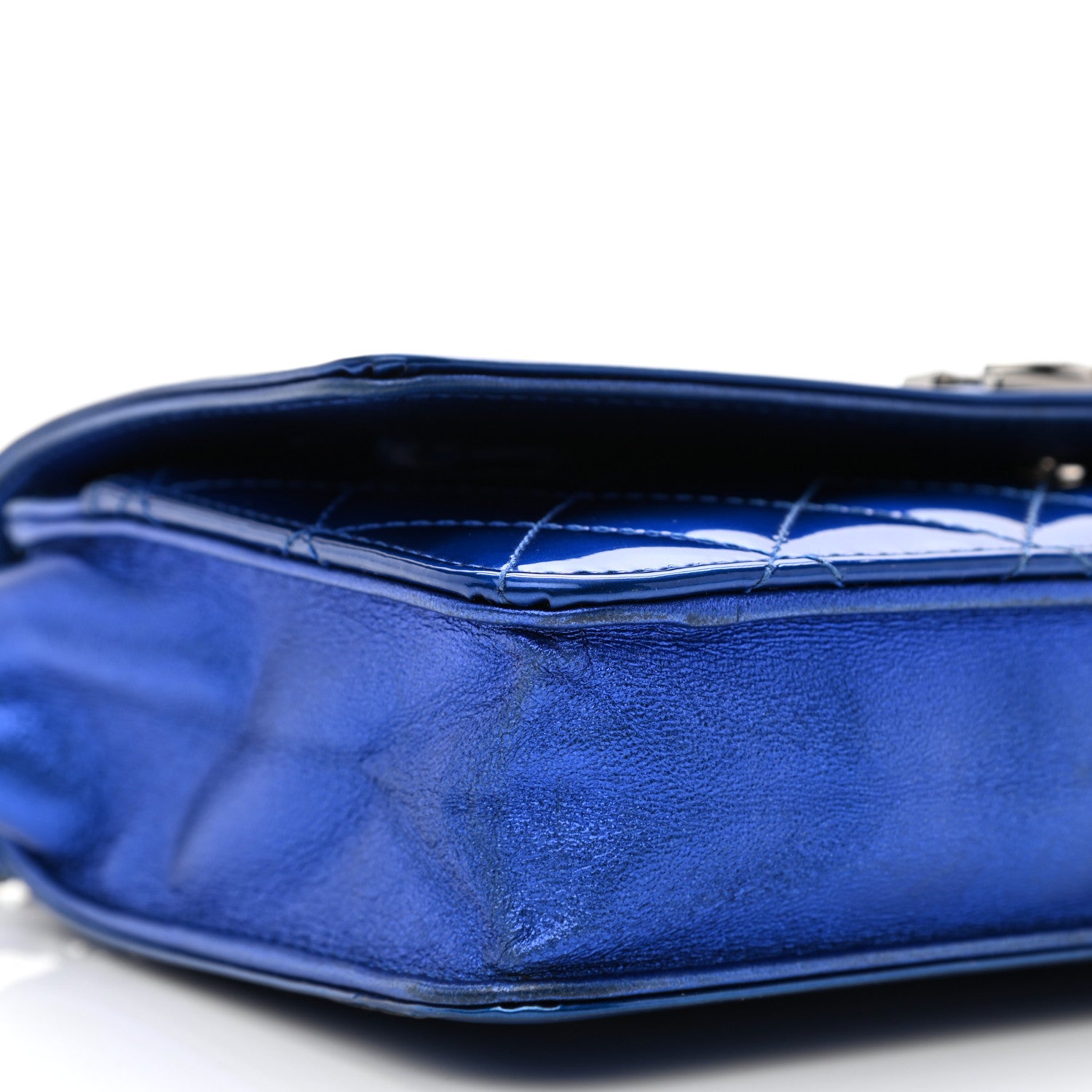 Chanel Metallic Patent Calfskin Quilted Boy Wallet On Chain WOC Blue 14 of 16