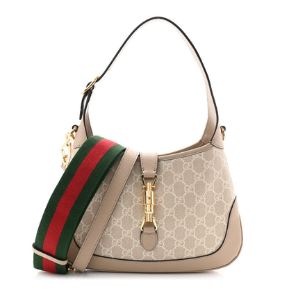 Gucci GG Supreme Monogram Textured Dollar Calfskin Web Small Jackie 1961 Hobo Beige Mystic White Oatmeal 1 of 10