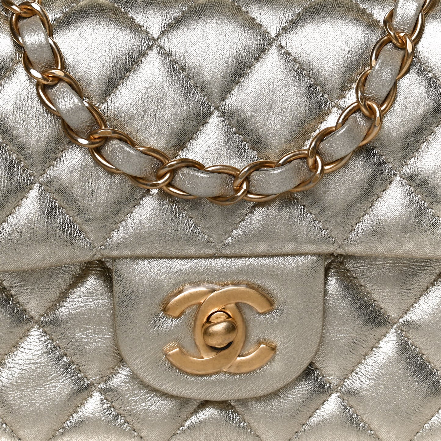 Metallic Lambskin Quilted Mini Rectangular Flap Gold
