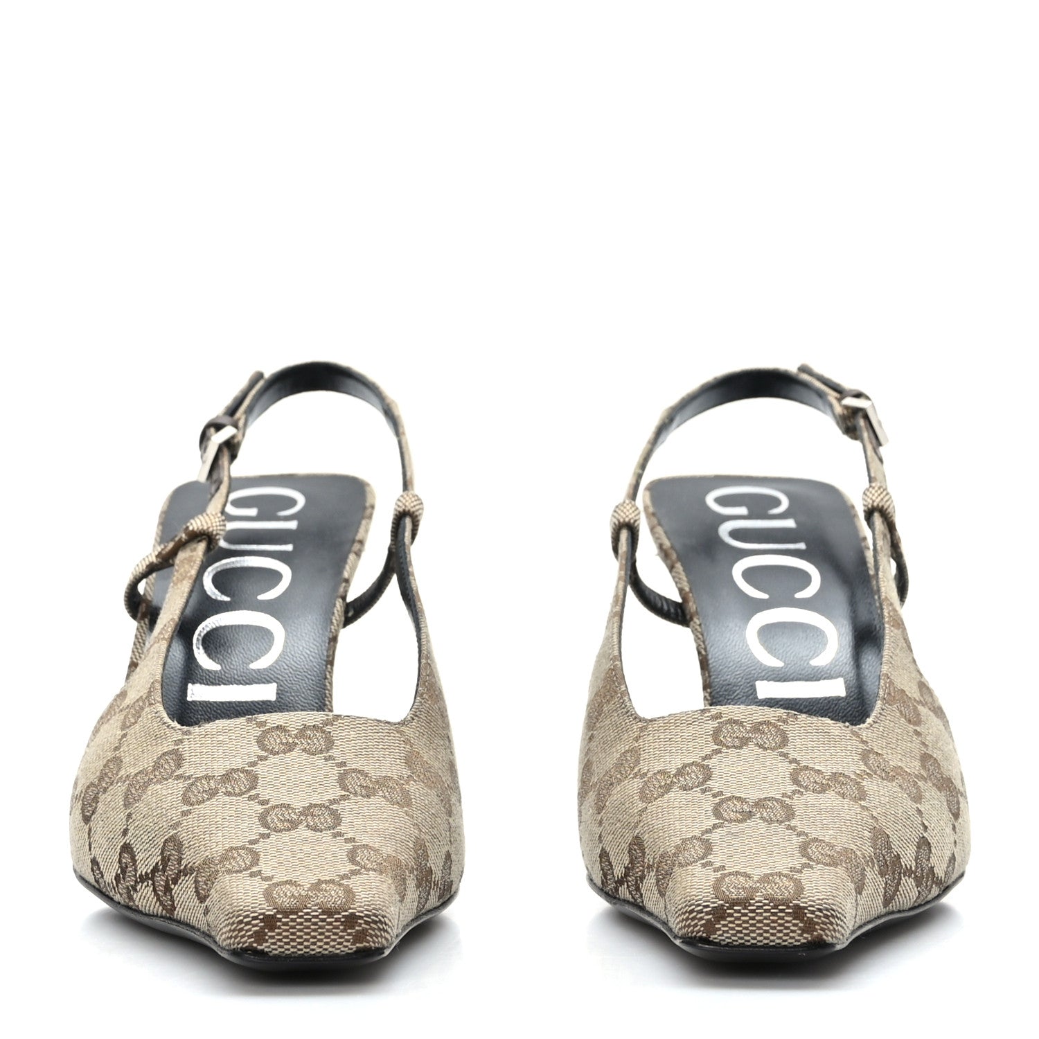 Gucci Monogram Malga Kid Square G 75mm Slingback Pumps 37.5 Beige Ebony New Acero 2 of 7