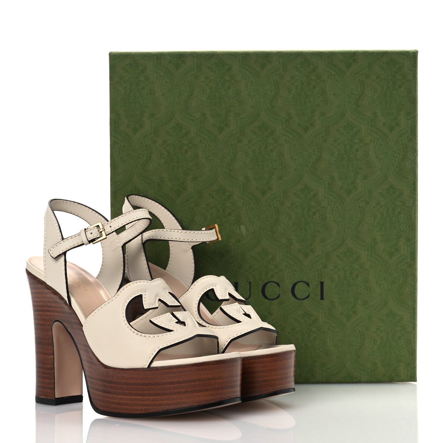 Gucci Cosmos Softy Calfskin Wooden Interlocking G Cut-Out 30/120mm Platform Sandals 35.5 Mystic White 13 of 13