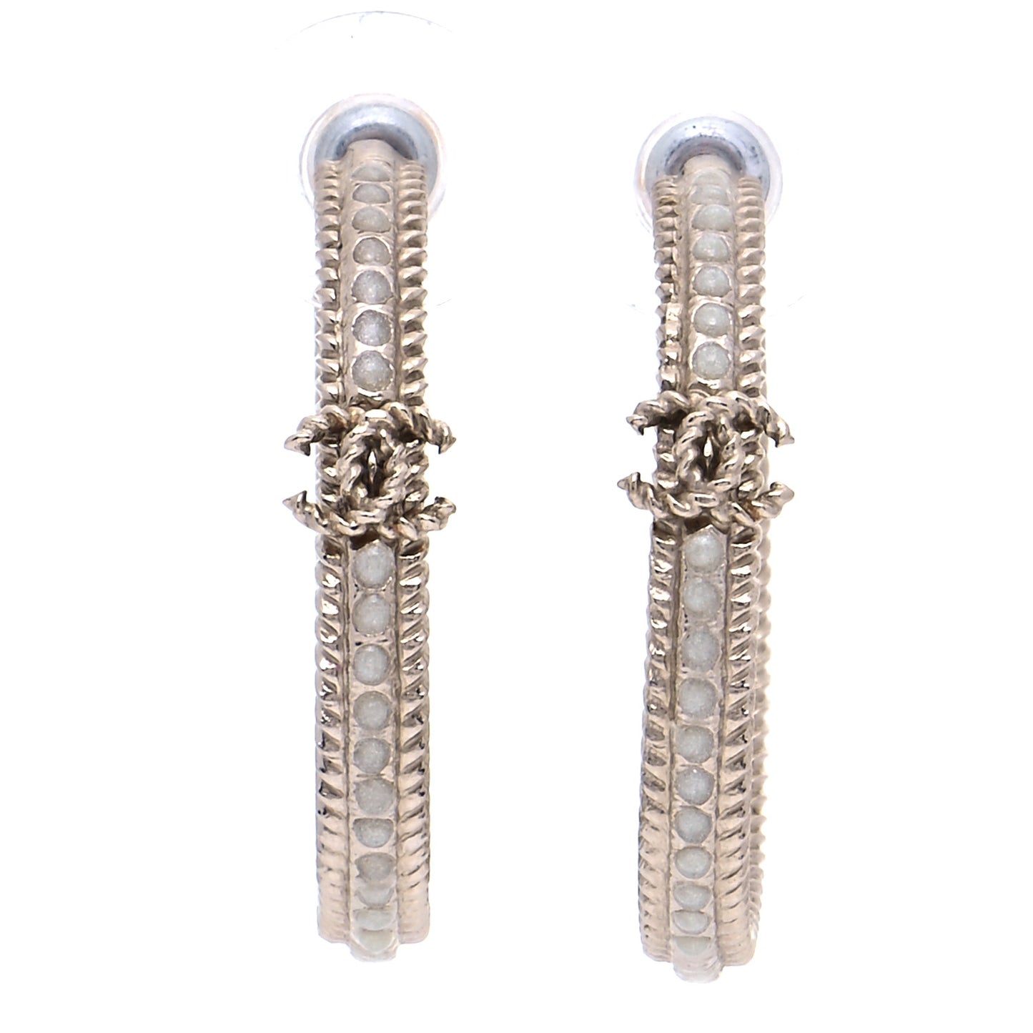 Enamel CC Hoop Earrings Gold Pearly White