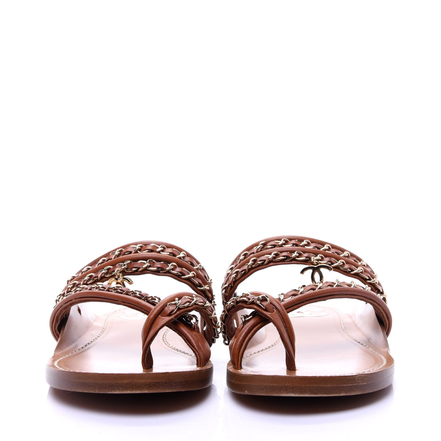 Calfskin Chain CC Thong Flat Sandals 36 Beige
