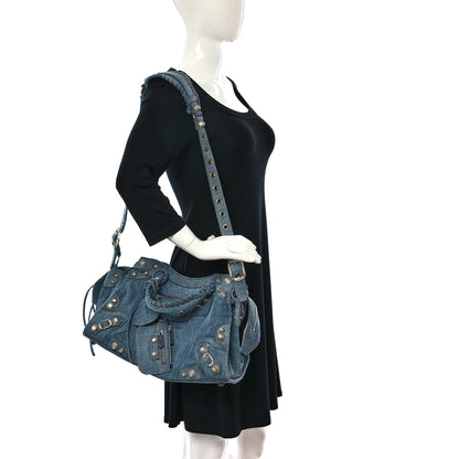 Balenciaga Washed Frayed Denim Crystal Neo Cagole City Handbag Blue 2 of 9