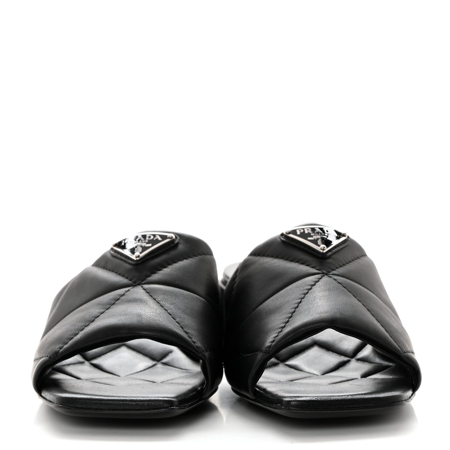 Nappa Metal Triangle Logo Quilted Block Heel Slide Sandals 36 Black