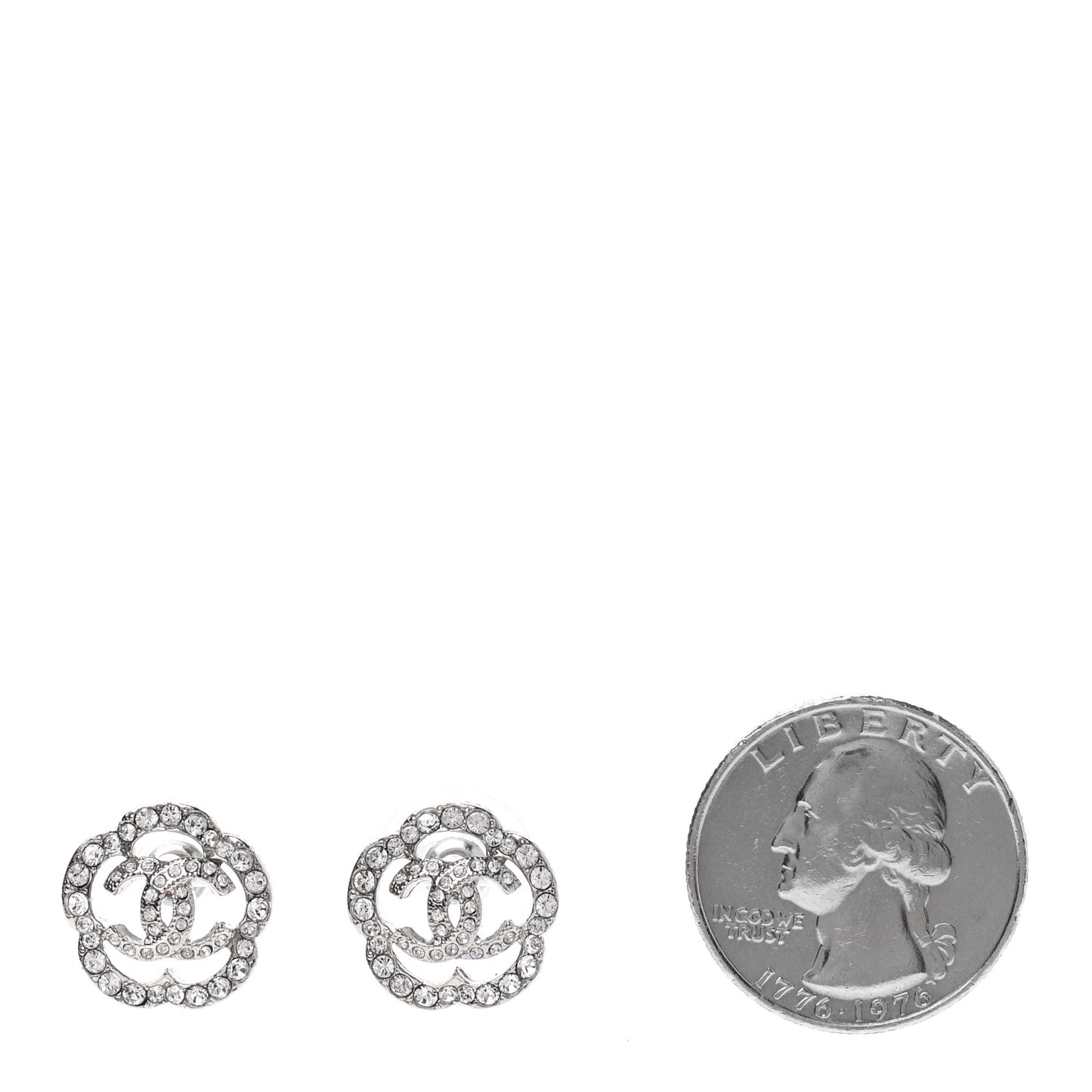 Crystal Coco Flapper Camellia CC Stud Earrings Silver